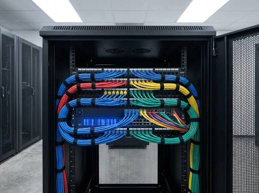 Modern commercial network rack and structured cabling
